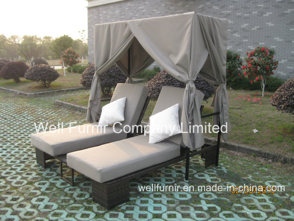 Sunbrella Cushion, Outdoor Rattan Chaise Lounge, Double Wicker Sunlounger,