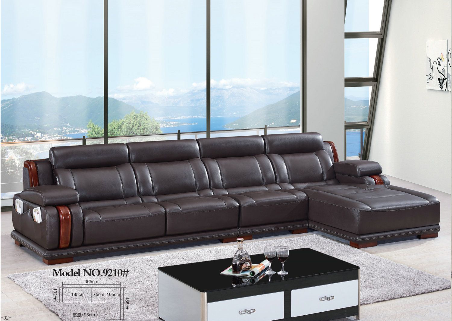 New Arrival Black Genuine Leather Sofa with Corner