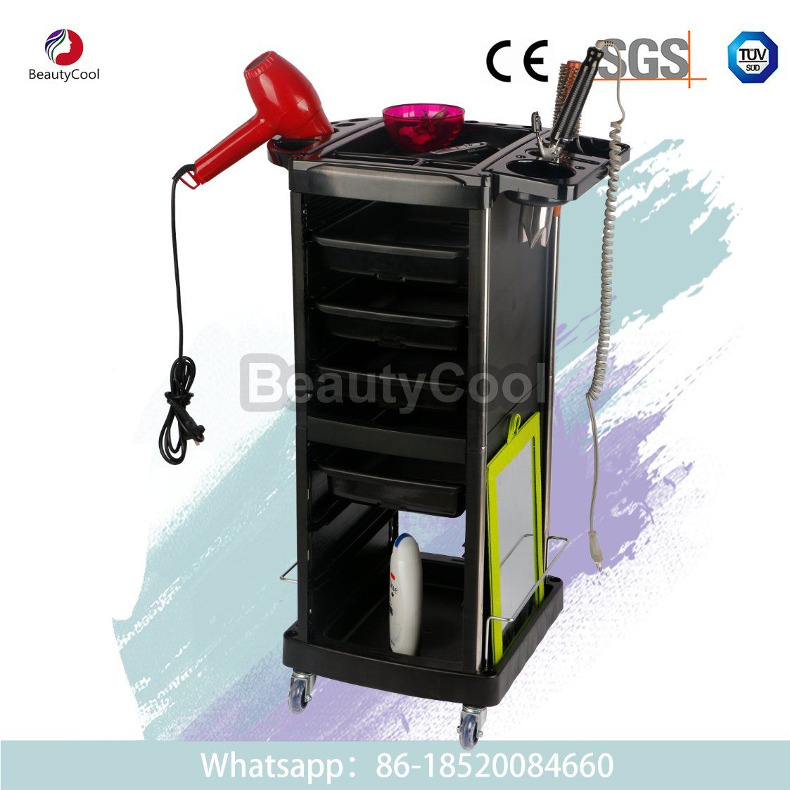 Salon Beauty Hair Rolling Trolley Cart with 4 Drawers for Tool Storage