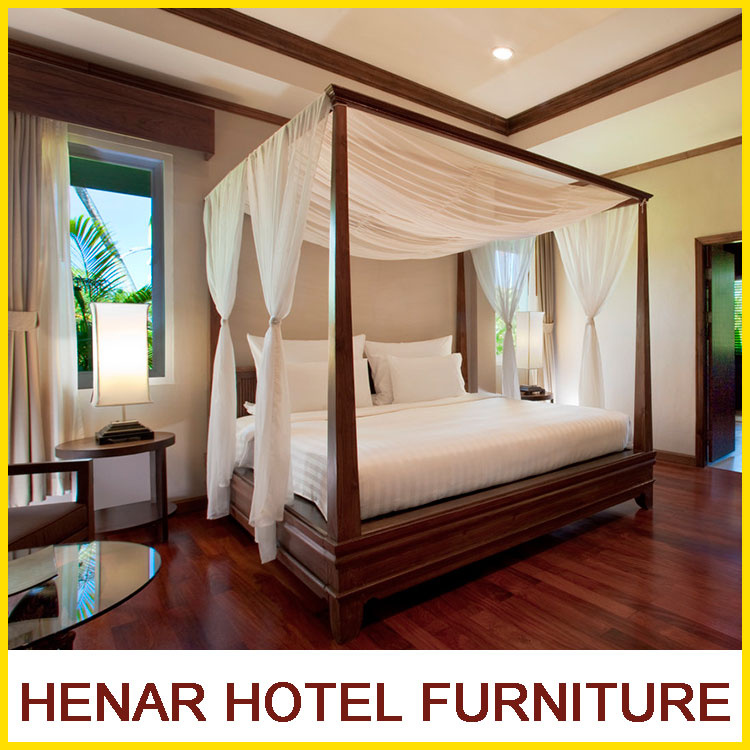 Hospitality Walnut Solid Teak Wood Four Poster Bed Furniture for Resort Hotel