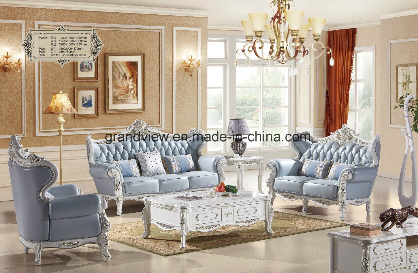 Genuine Leather Sofa Set European Style Curved Wooden Sofa Furniture
