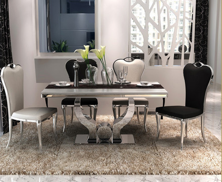 Dining Room Marble Inlay Table Top Metal Legs