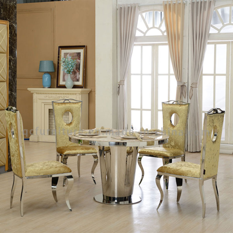 Round Marble Top Dining Table with Triangular Prism Stainless Steel Frame