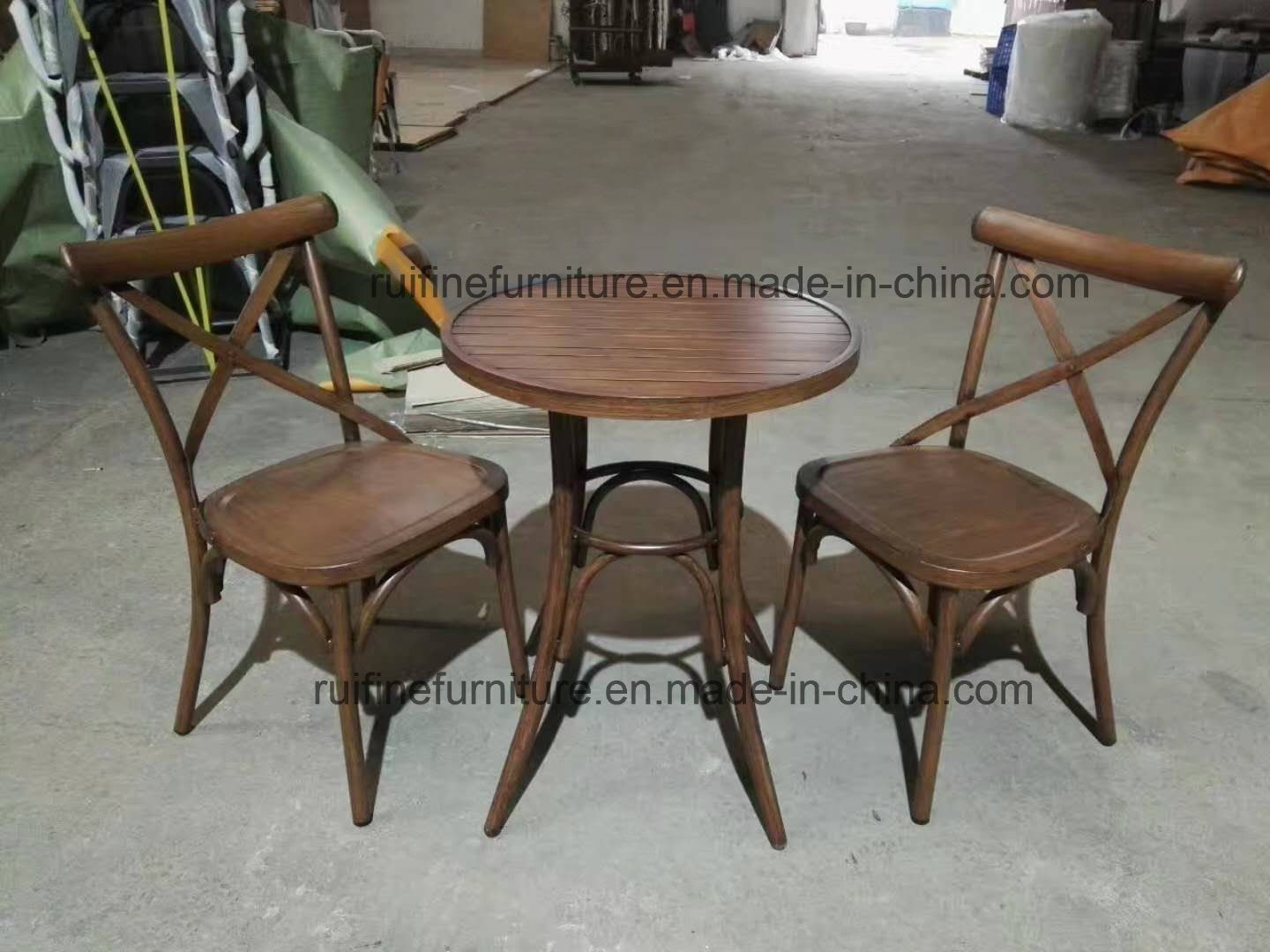 Antique Dark Wooden Metal Restaurant Stackable Chair with Cross Back