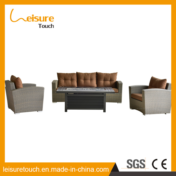 Modern Home/Hotel Rectangle Fire Pit Table and Chair Aluminum Rattan Lounge Set Garden Outdoor Furniture