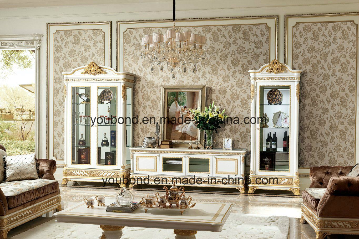 0062-1 Italian Solid Wood Luxury Antique White Living Room Cabinet
