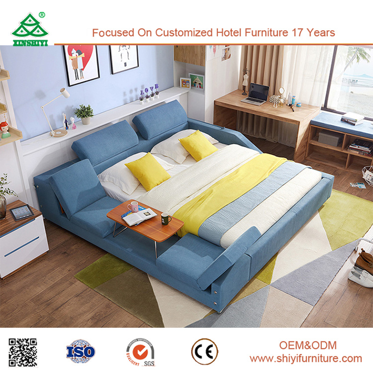 New Antique Fabric Bed Solid Wood Frame Bed, Wooden Furniture Beds