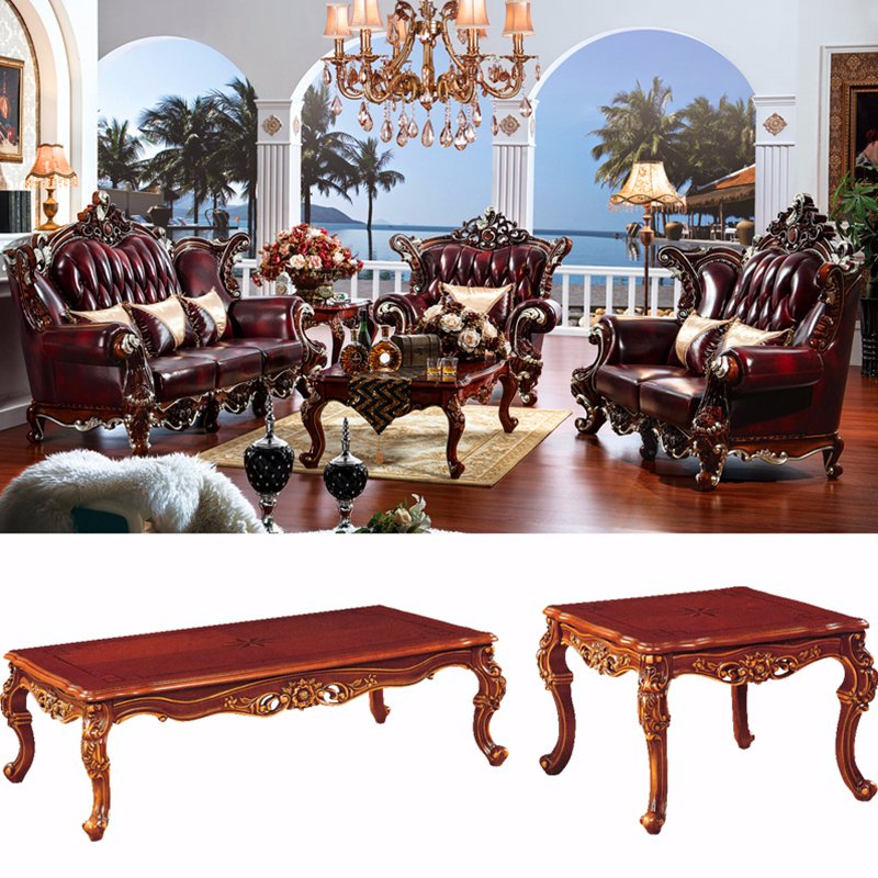 Classic Leather Sofa with Wood Sofa Frame and Table (516)