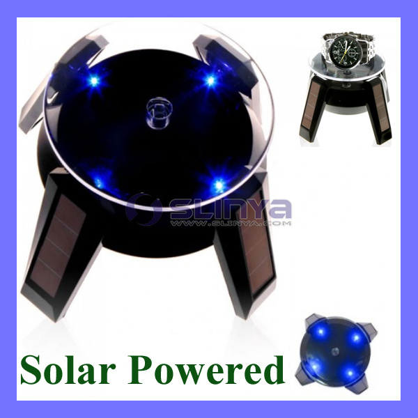 Black Solar Powered Jewelry Phone Watch Rotating Display Stand Turn Table with LED Light