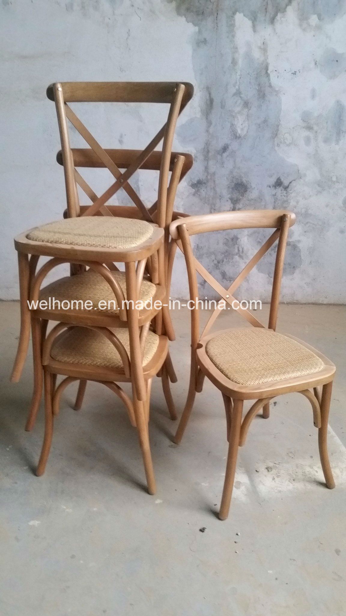 French Style Stackable Oak Wood Cross Back Chair