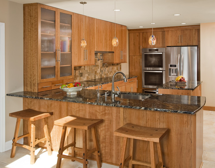 Wood Lacquer Kitchen Cabinet with Bar Counter