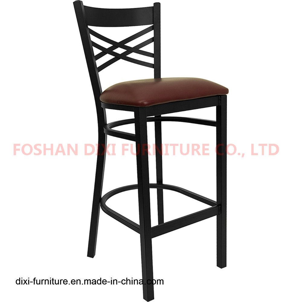 Bar Furniture Black Cross Back Metal Restaurant Barstool with Burgundy Vinyl Seat