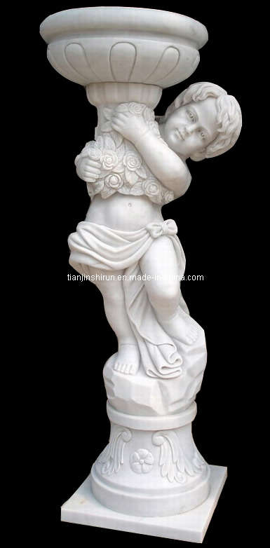 Garden Decor Marble Boy Lifting Flower Pot Stone Sculpture (SR061)