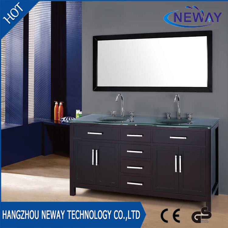 Wooden Commercial Double Sink Bathroom Vanity with Glass Basin