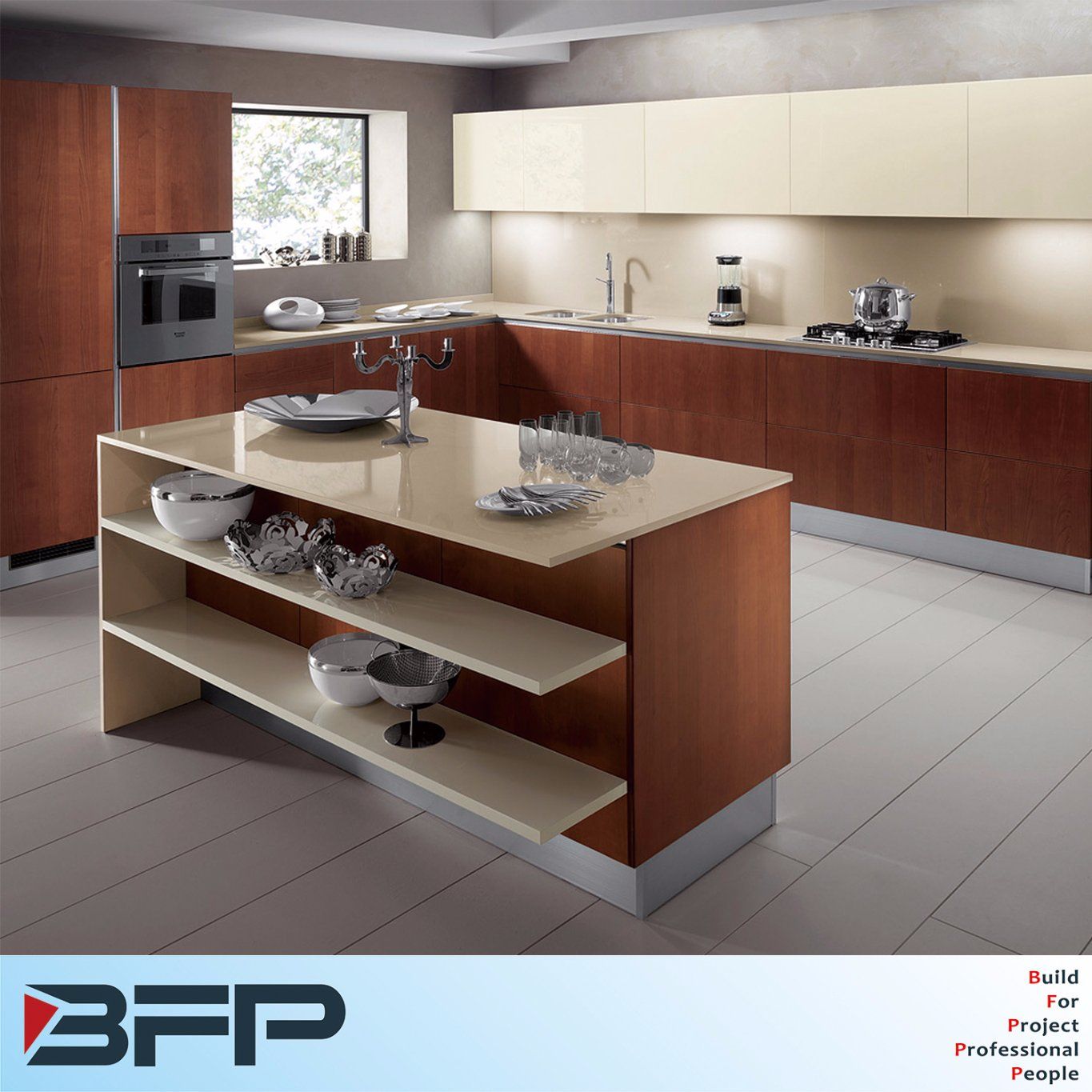Lacquer Kitchen Upper Wall Cupboard Mixed Wood Venner Base Cabinet