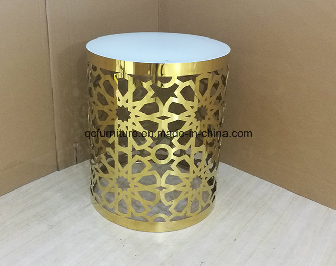 Golden Color Stainless Steel Side Table with White Glass
