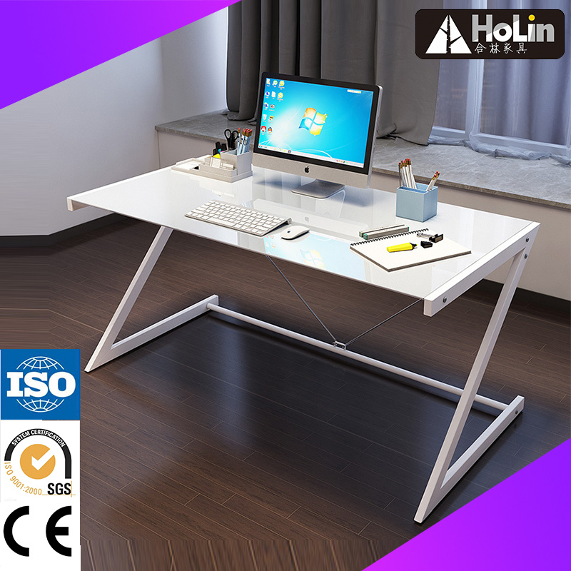 Z Shape Tempered Glass Computer Table with Metal Frame