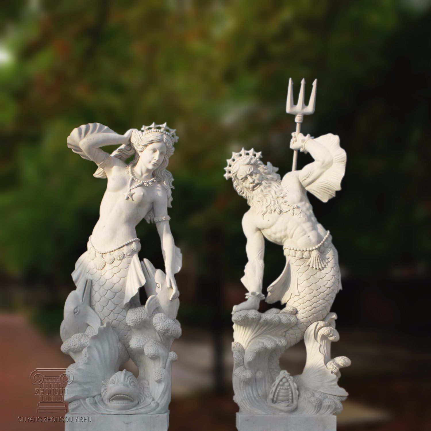 Marble Statue Sculpture of Mermaid and Merman T-3464