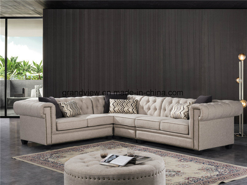 2017 Hot-Selling American Corner Sectional Style Chesterfield Linen Fabric Sofa Couch