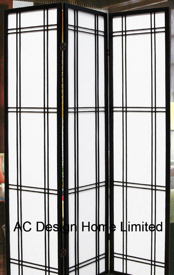Black Color Luxury Rice Paper Non-Woven and Wooden Japanese Style Folding Shoji Screen Room Divider X 3 Panel