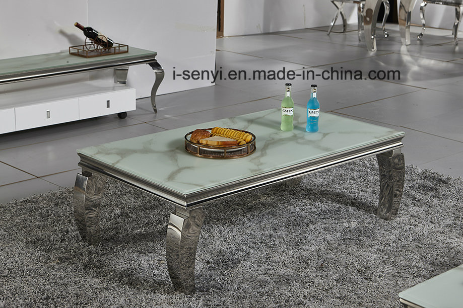 Modern Living Room Furniture Imitated Wood Top or Glass Top Stainless Steel Coffee Table