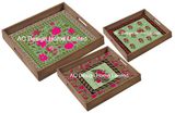 S/3 Square Custom Print Vintage Wooden Serving Tray W/Handle