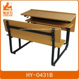Double School Desk and Bench with Open Book Case and Black Metal Frame