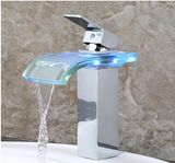 Sprinkle Widespread Waterfall Bathroom Sink Faucet with Color Changing LED Lights Glass Spout Polished Chrome