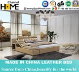 Luxury Home Bedroom Beige Leather Bed with Bedside Table (HC577)