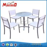 White Textile Dining Chair for Round Table and Glass Top Round Coffee Table Set