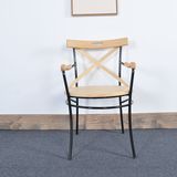 Steel Wooden Seat X Cross Back Restaurant Furniture Dining Chair with Arm