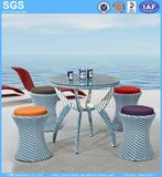 Round Dining Table Set Blue Color PE Rattan Weaving Furniture Garden Furniture