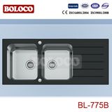 Double with Drainer White Kitchen Glass Sink