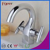 Fyeer Chrome Plated Crooked Long Spout Dual Handle Deck Mounted Basin Sink Faucet Water Mixer Tap Wasserhahn