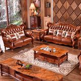 Classical Leather Sofa with Wood Cabinets for Living Room Furniture