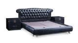 Black Vintage Leather Button Bed, Luxury American Style Leather Bed Rb-07