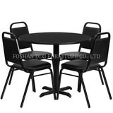 Round Black Table with Black Trapezoidal Back Banquet Chairs X-Base