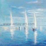 Handmade White Boat in Blue Sea Oil Paintings for Home Furniture Decoration
