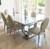 Modern Dining Stainless Steel Chrome Cream Marble Table Cream Velvet Chair